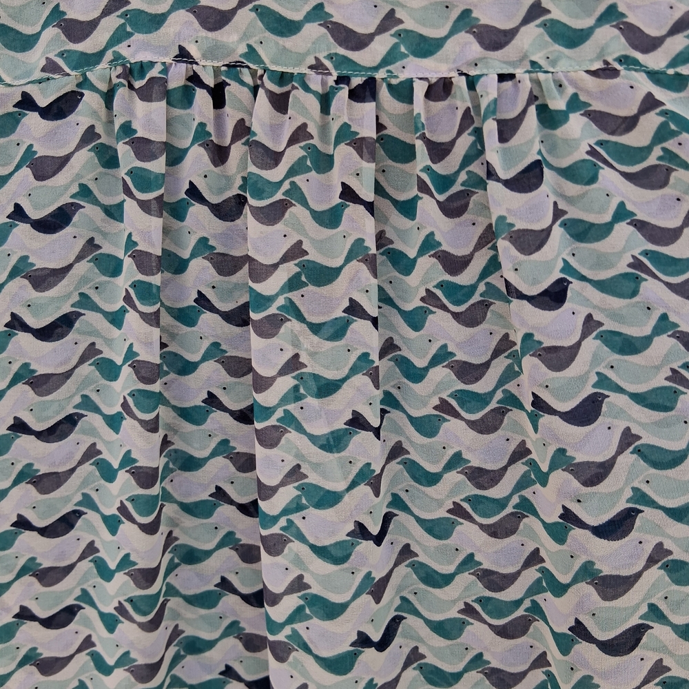 Cabi Bird Print Sheer Wrap Blouse L Blue Green Flowy Boho Chic Top - Picture 5 of 14